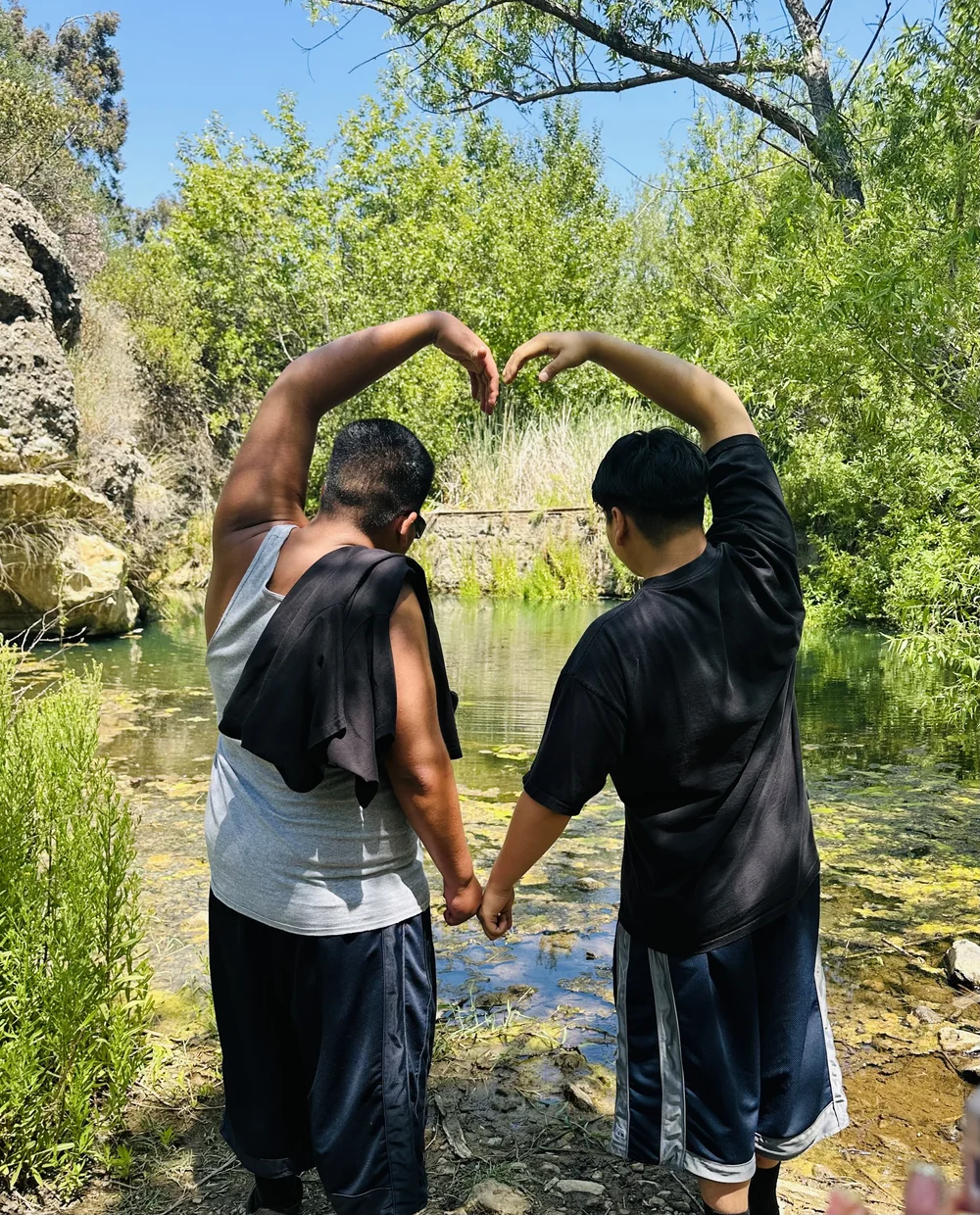 Youthful Connection: Heartfelt Moment by the Pond Two young people, seen from behind, holding hands and forming a heart shape with their arms by a green pond in a lush natura…